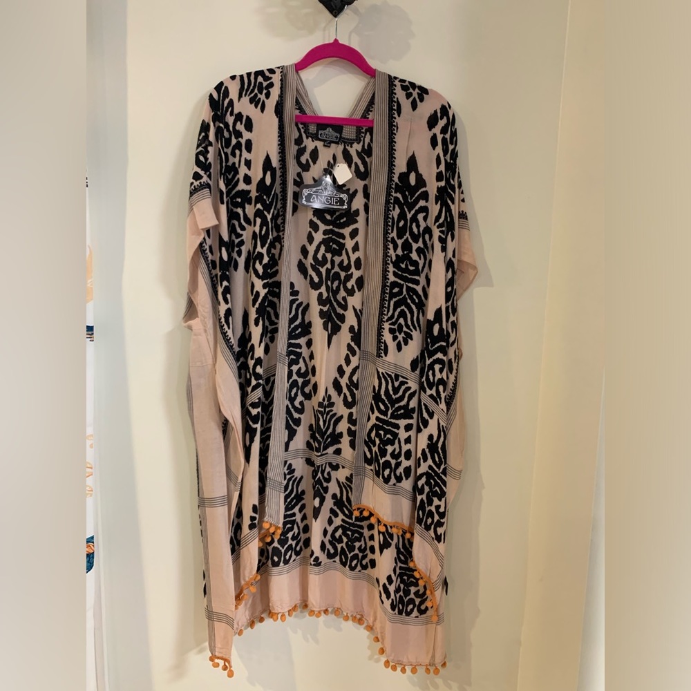 Angie Taupe/Black cardigan with orange Pompoms